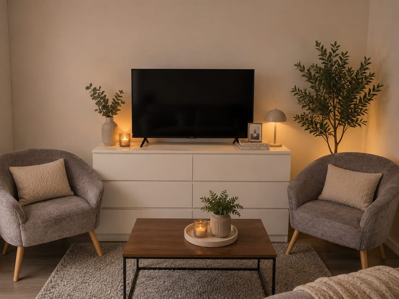 Zithoek met twee fauteuils en tv
